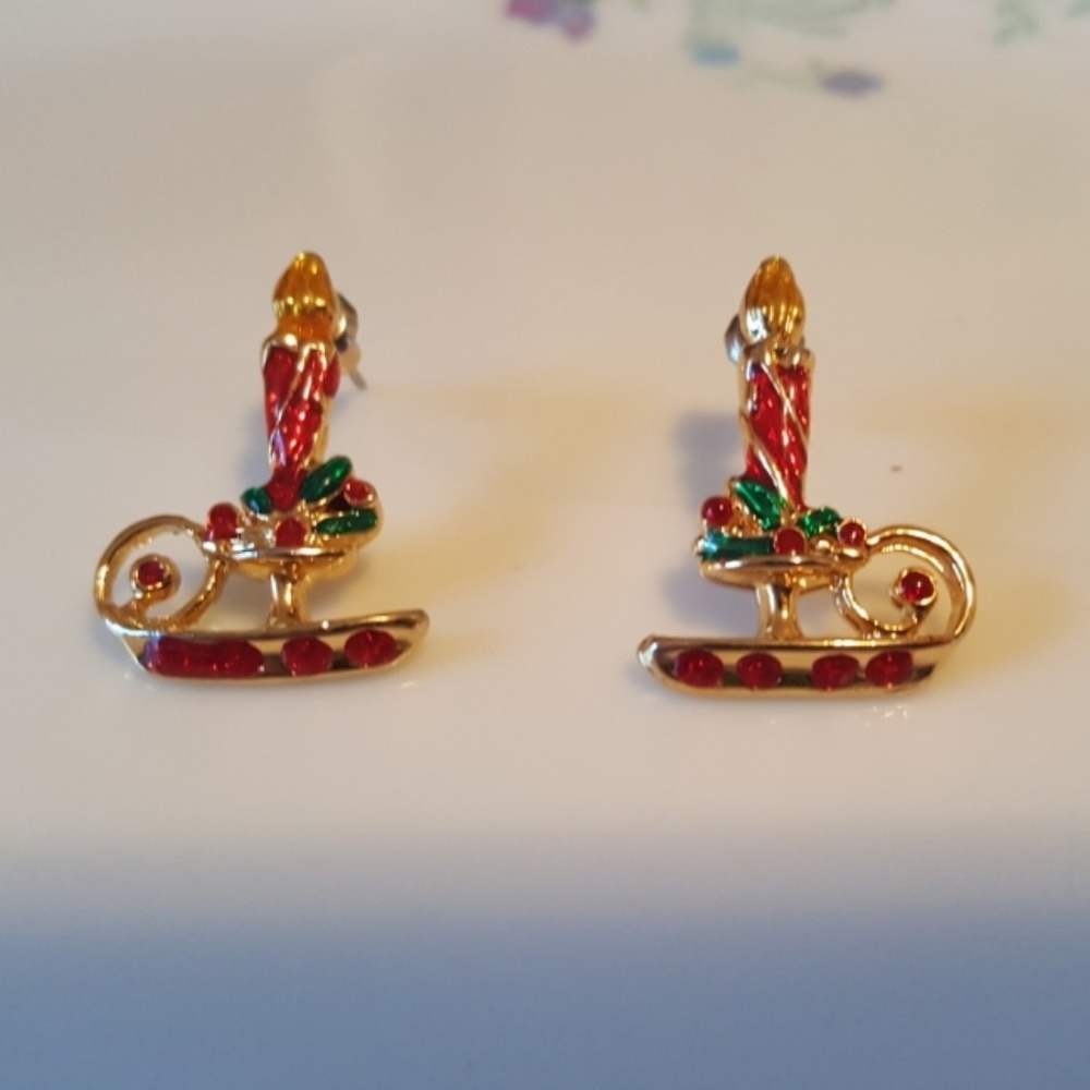 Gold Red Green 1" Candlestick Post Earrings